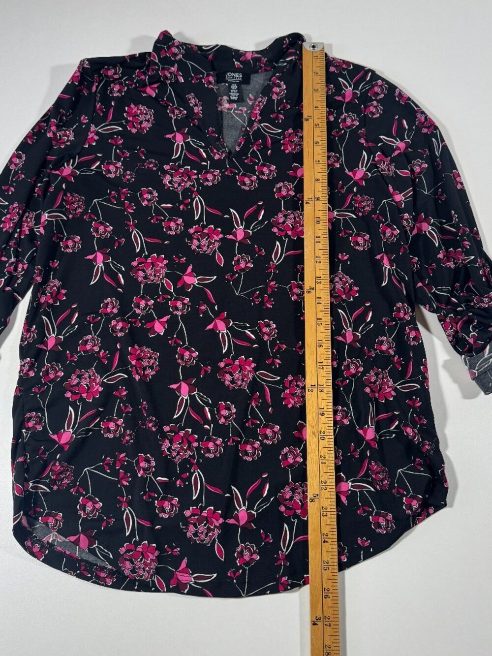 Jones New York Signature Floral Roll Tab Blouse Pink Black Stretch Top XL - Picture 4 of 12